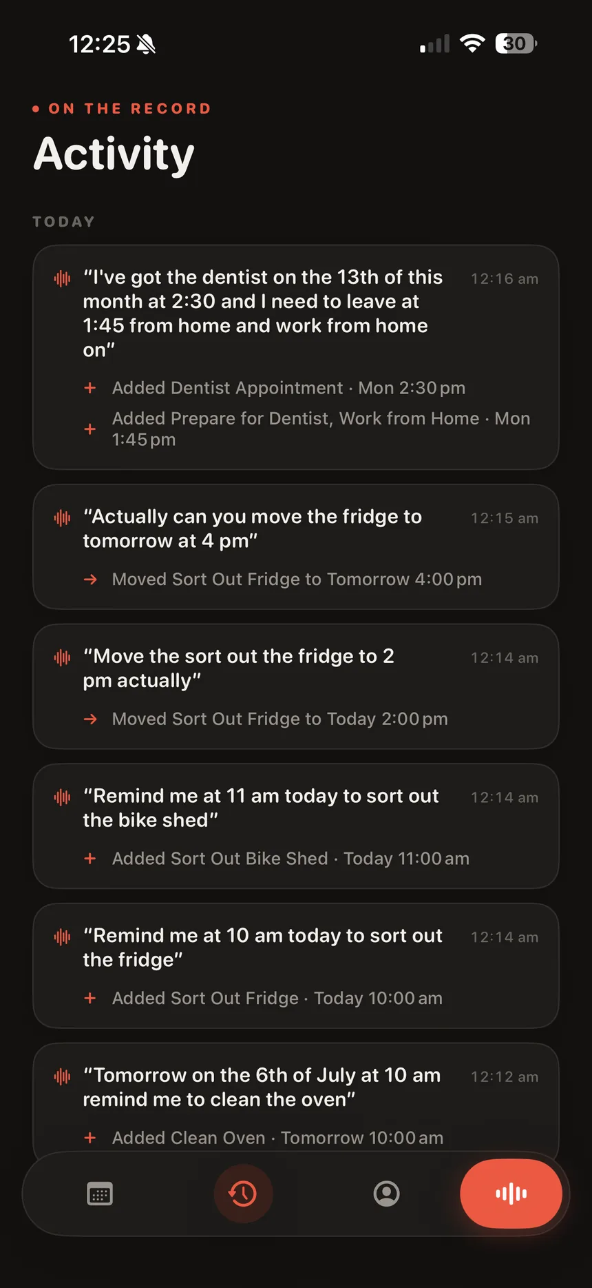 Calendar AI activity screen listing spoken requests and the changes they made