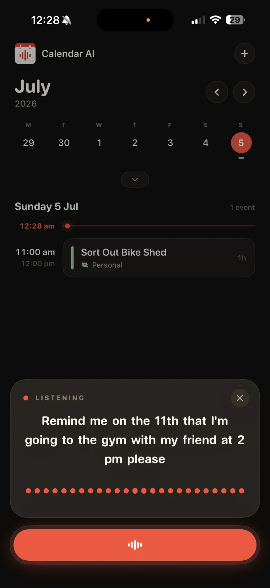 Calendar AI listening drawer showing a live transcript while the user speaks