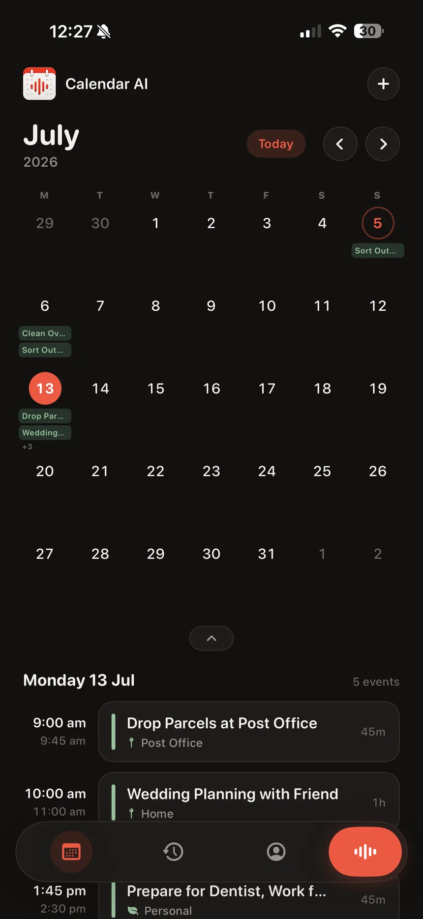 Calendar AI month view with event titles visible on each day