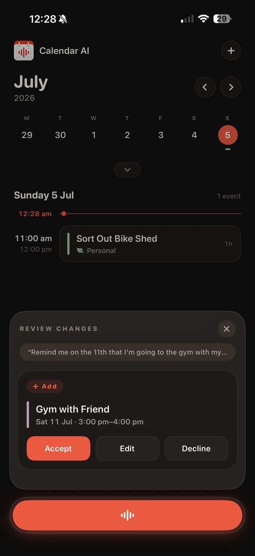 Calendar AI review card proposing a new event with Accept, Edit and Decline buttons